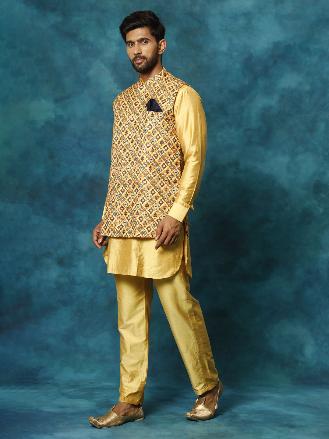 Vastramay Men's Mustard Yellow Viscose Jacket, Kurta And Pyjama Set - Grab2buy