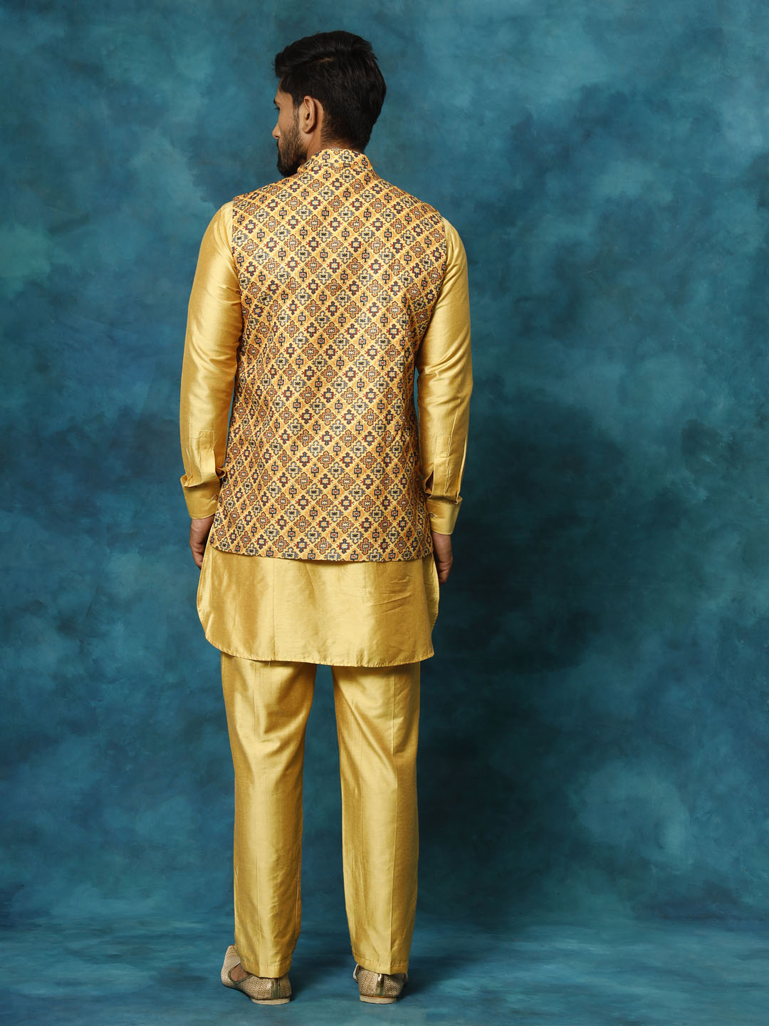Vastramay Men's Mustard Yellow Viscose Jacket, Kurta And Pyjama Set - Grab2buy