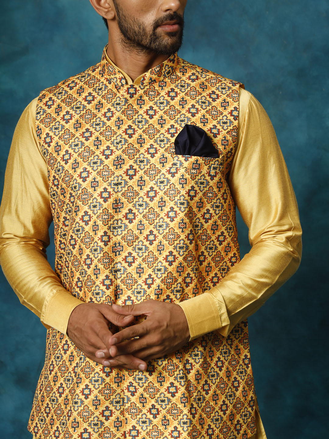 Vastramay Men's Mustard Yellow Viscose Jacket, Kurta And Pyjama Set - Grab2buy
