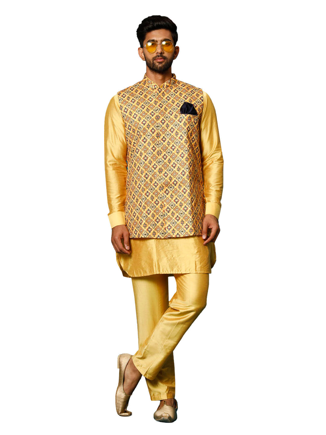 Vastramay Men's Mustard Yellow Viscose Jacket, Kurta And Pyjama Set - Grab2buy
