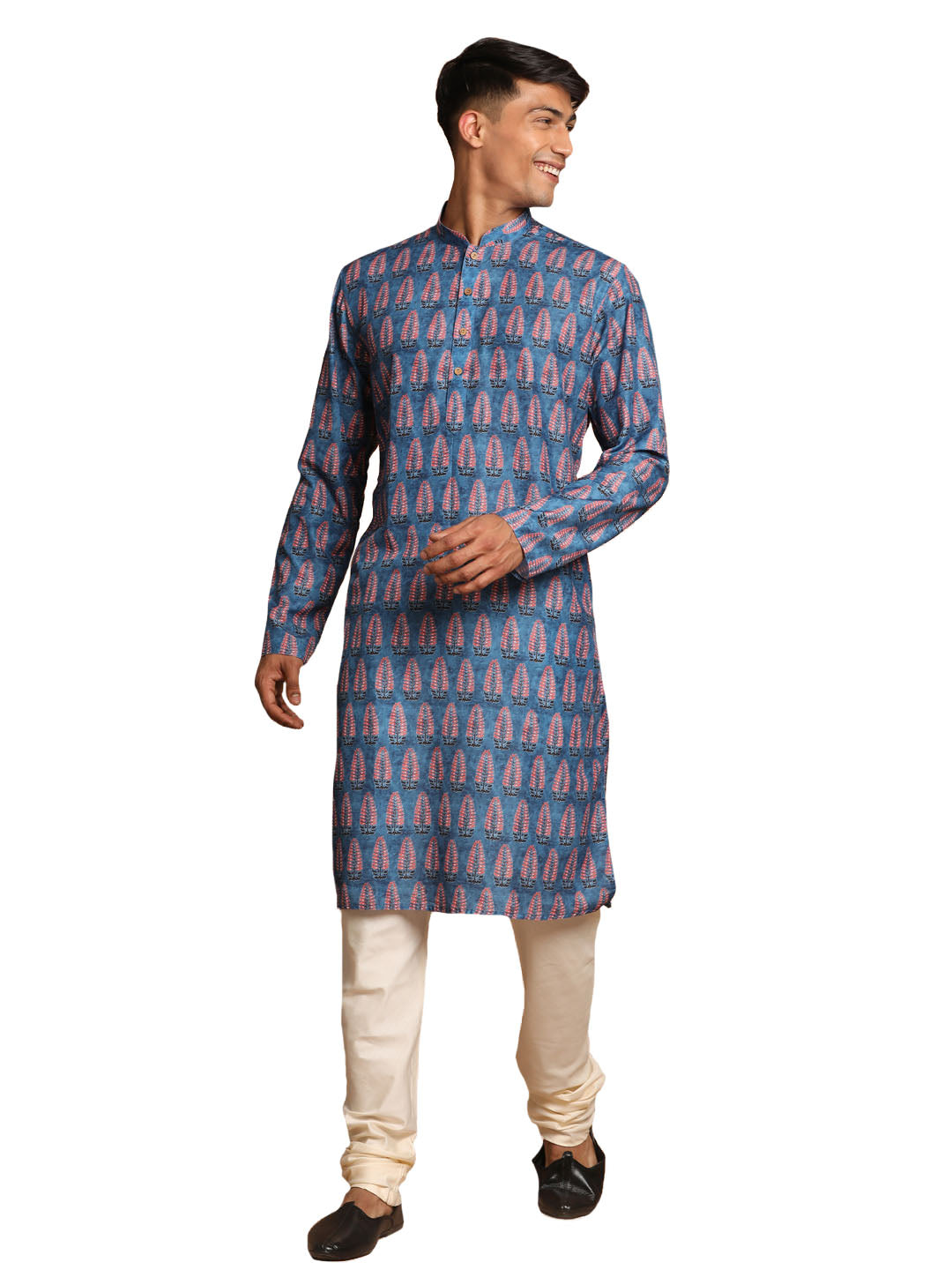 Vastramay Men's Blue And Cream Cotton Blend Kurta Pyjama Set - Grab2buy