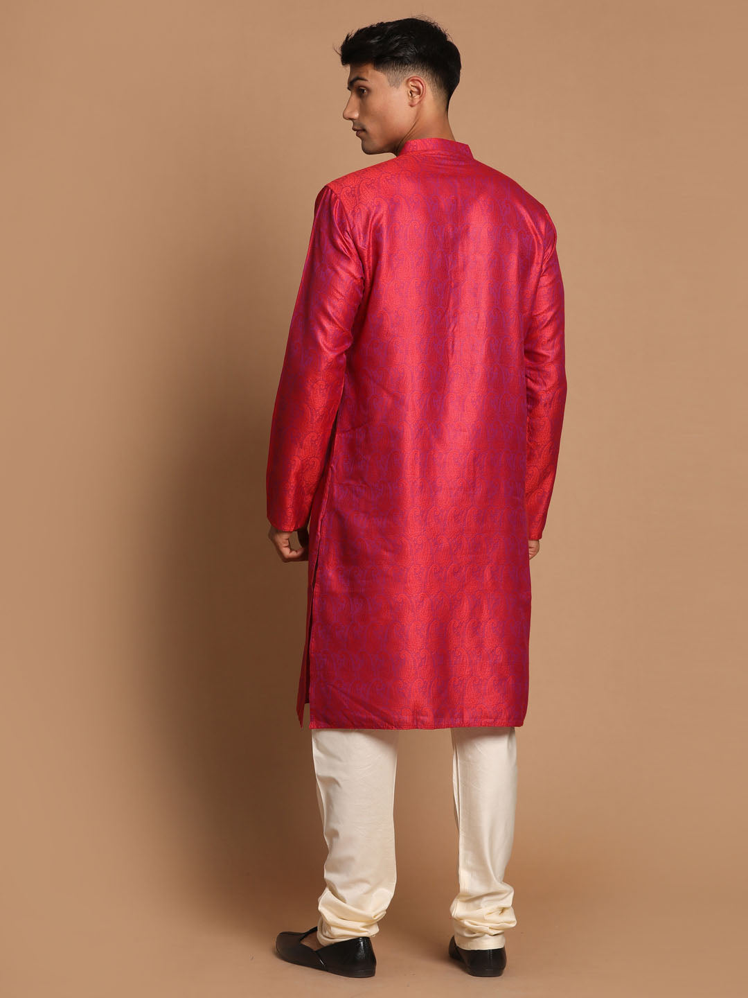 Vastramay Men's Red And Cream Silk Blend Kurta Pyjama Set - Grab2buy