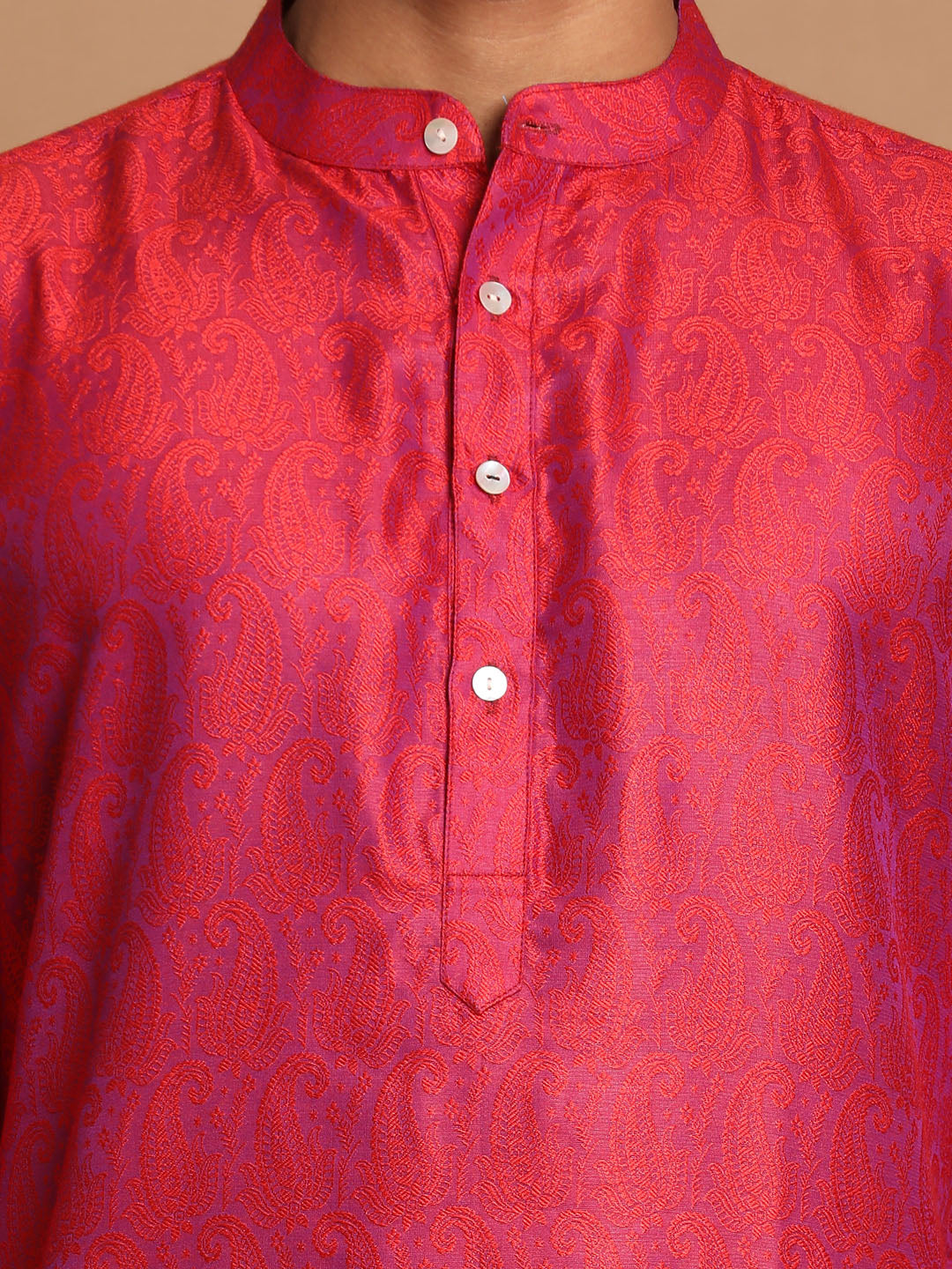 Vastramay Men's Red And Cream Silk Blend Kurta Pyjama Set - Grab2buy