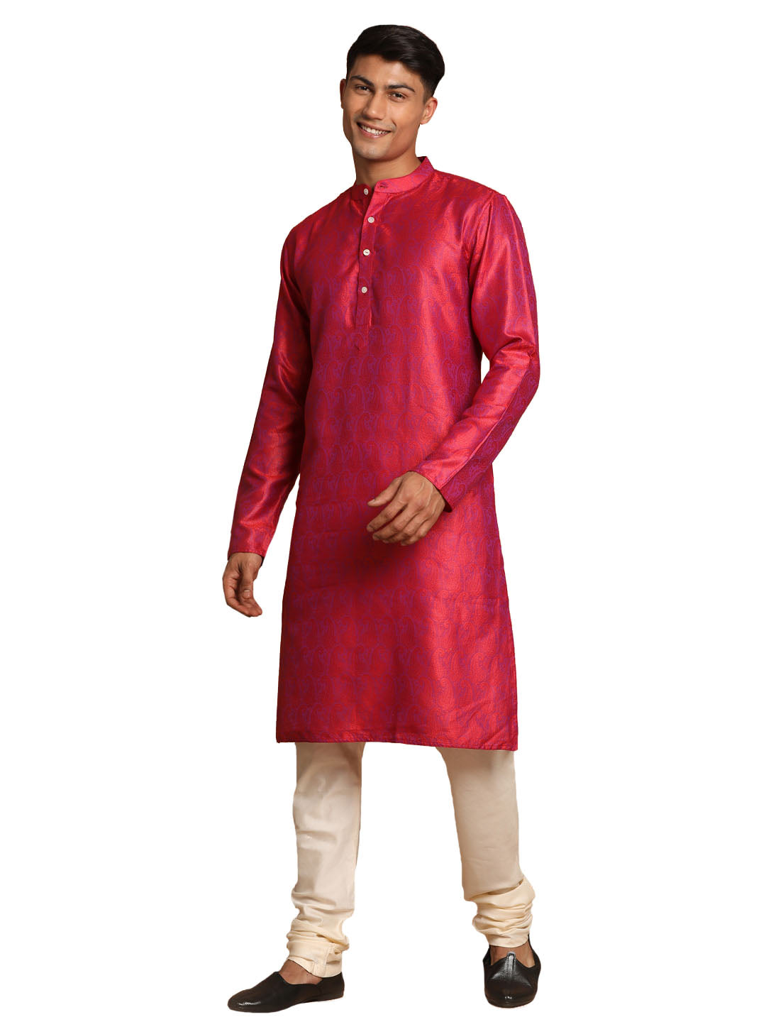 Vastramay Men's Red And Cream Silk Blend Kurta Pyjama Set - Grab2buy