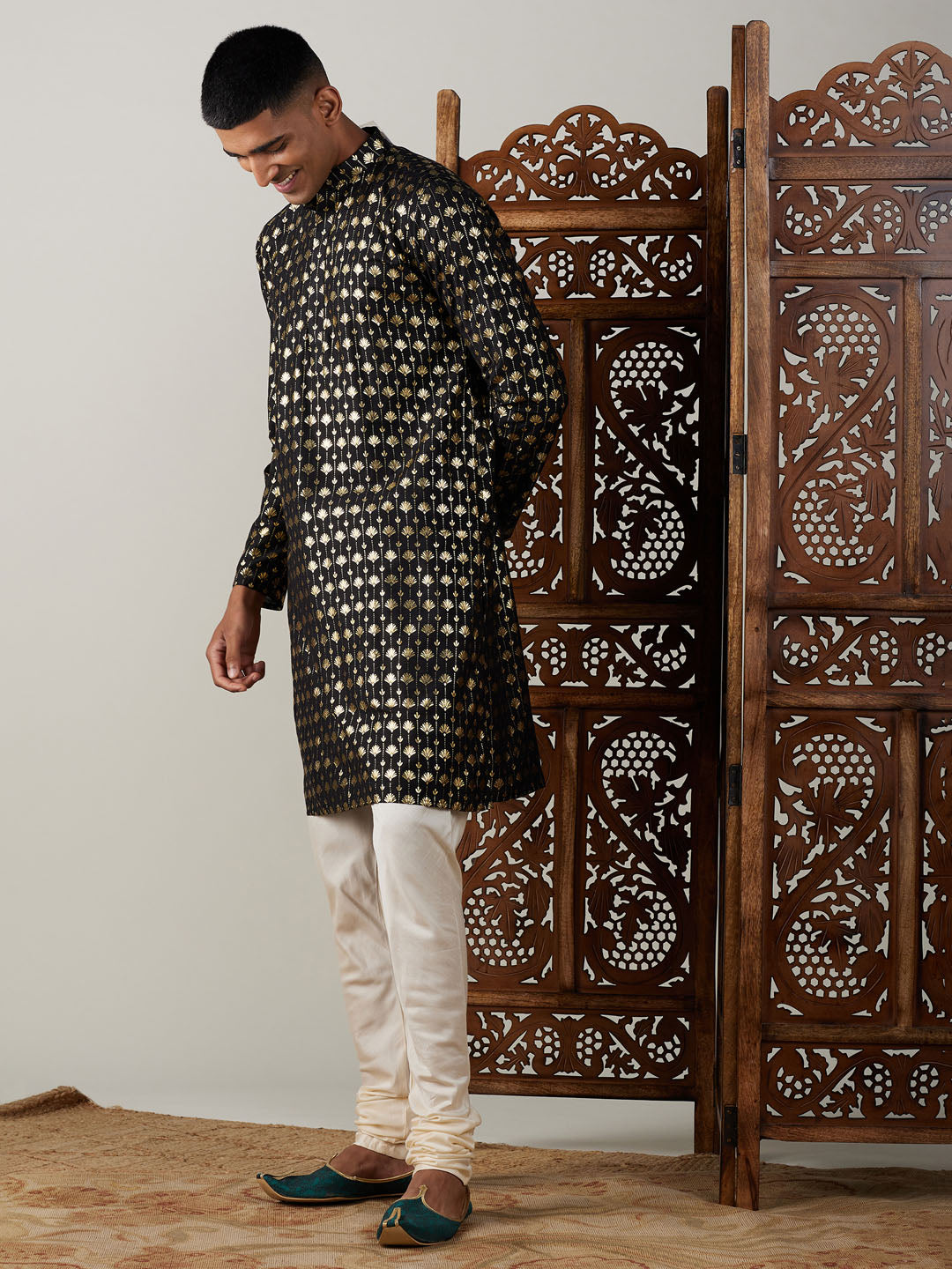 Vastramay Men's Black And Cream Viscose Kurta Pyjama Set - Grab2buy
