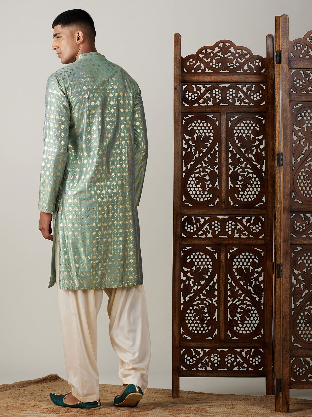 Vastramay Men's Green And Cream Viscose Kurta And Patiala Set - Grab2buy