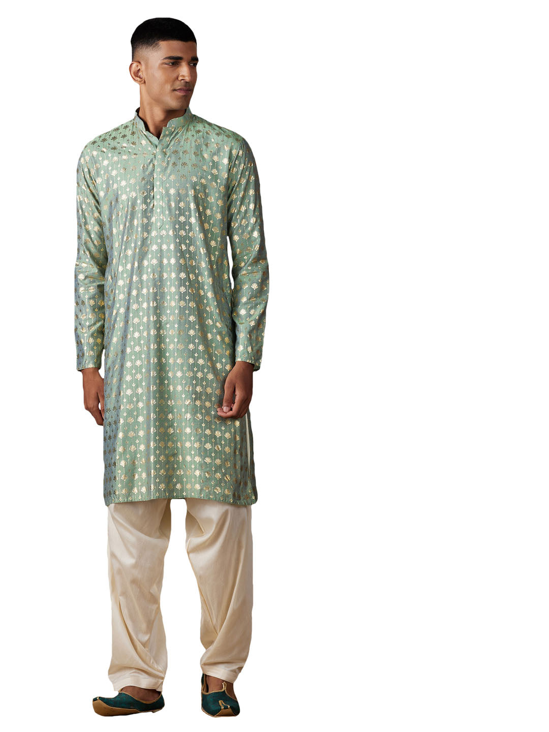 Vastramay Men's Green And Cream Viscose Kurta And Patiala Set - Grab2buy