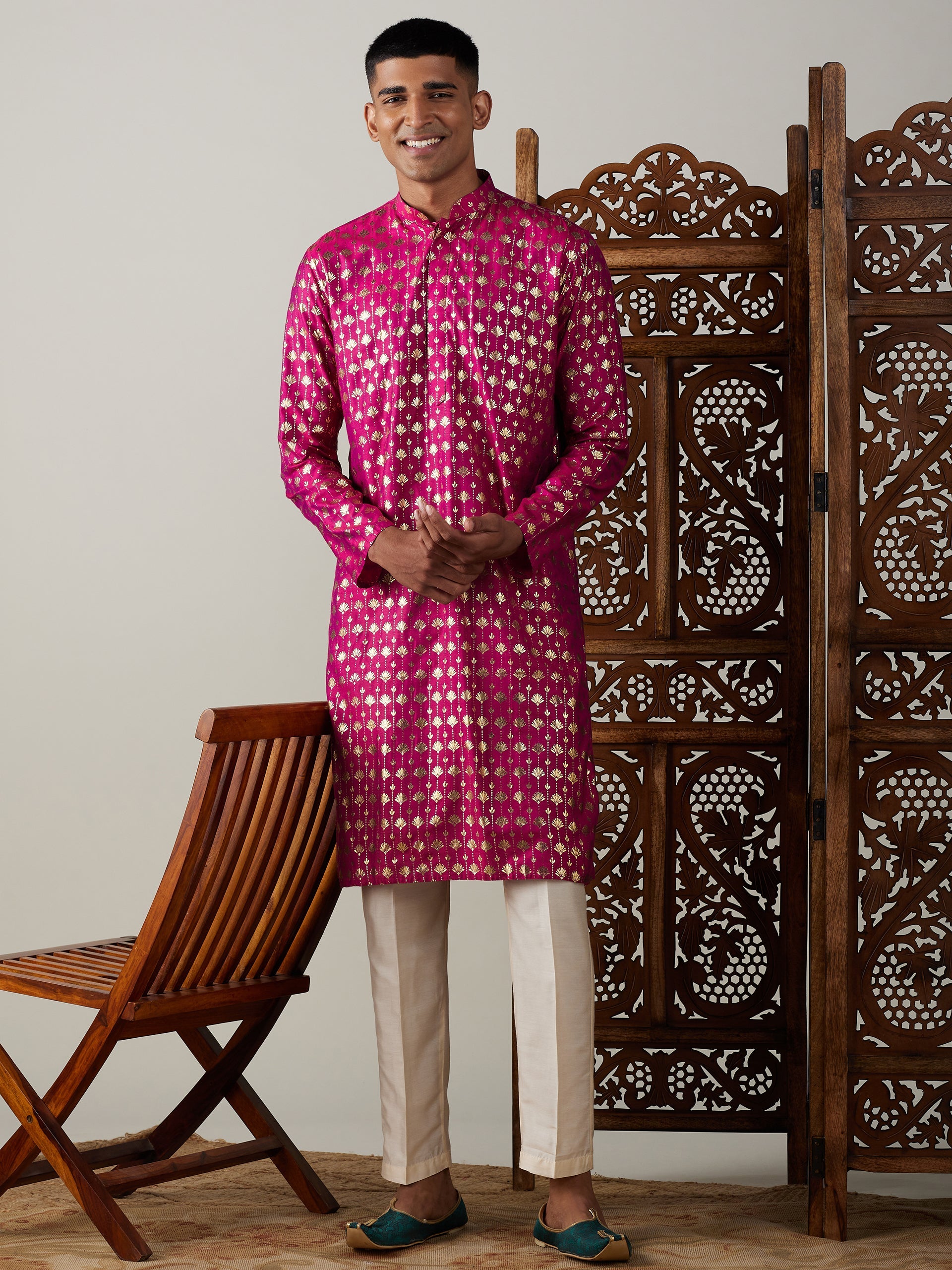Vastramay Men's Pink And Cream Viscose Kurta Pyjama Set - Grab2buy