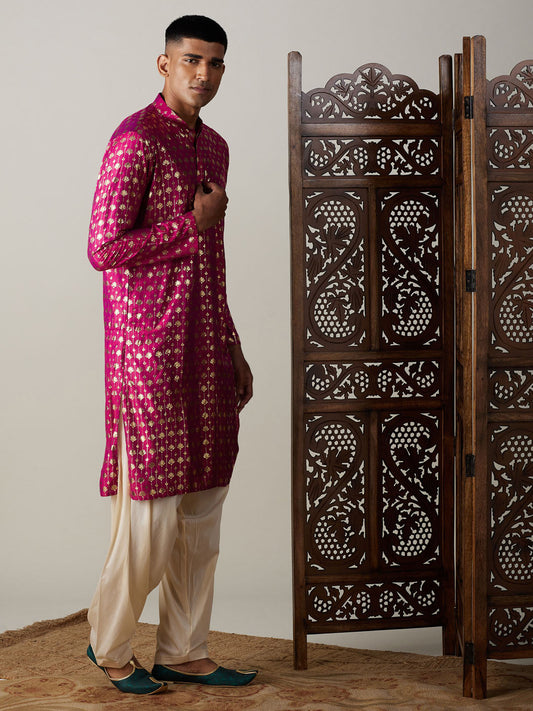 Vastramay Men's Pink And Cream Viscose Kurta And Patiala Set - Grab2buy