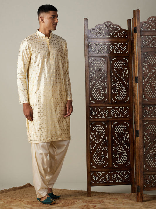 Vastramay Men's Gold And Cream Viscose Kurta And Patiala Set - Grab2buy