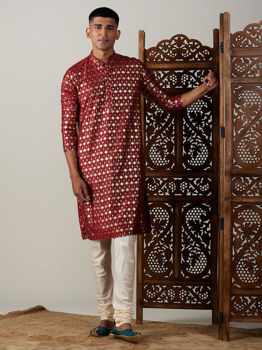 Vastramay Men's Maroon And Cream Viscose Kurta Pyjama Set - Grab2buy