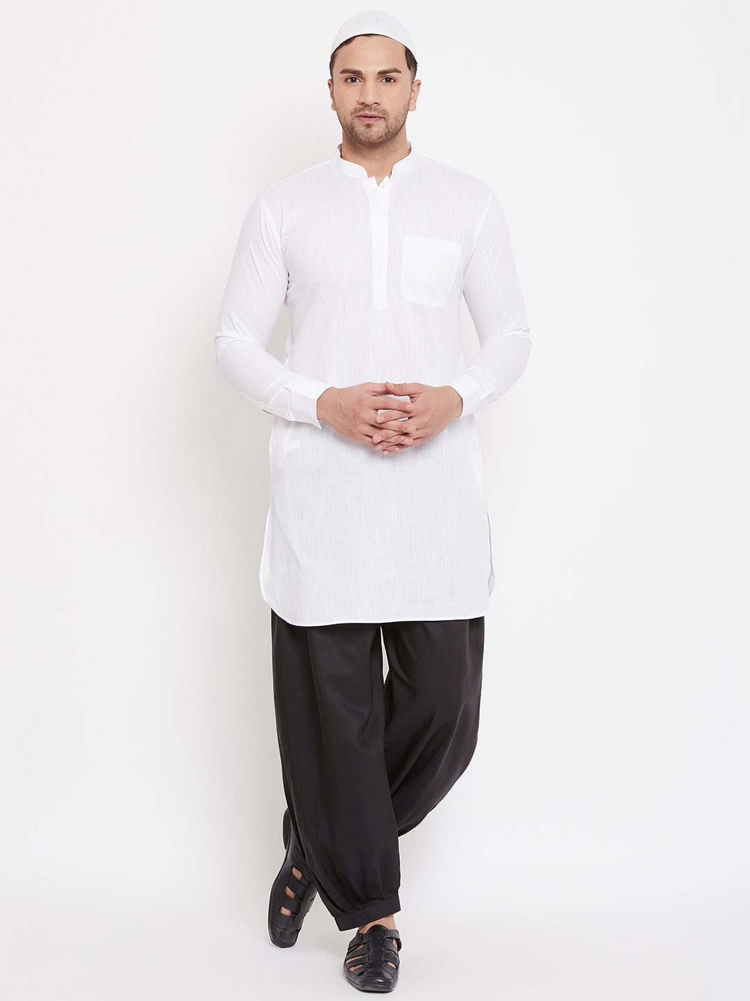 VM by Vastramay Men's White And Black Cotton Linen Pathani Kurta Set - Grab2buy