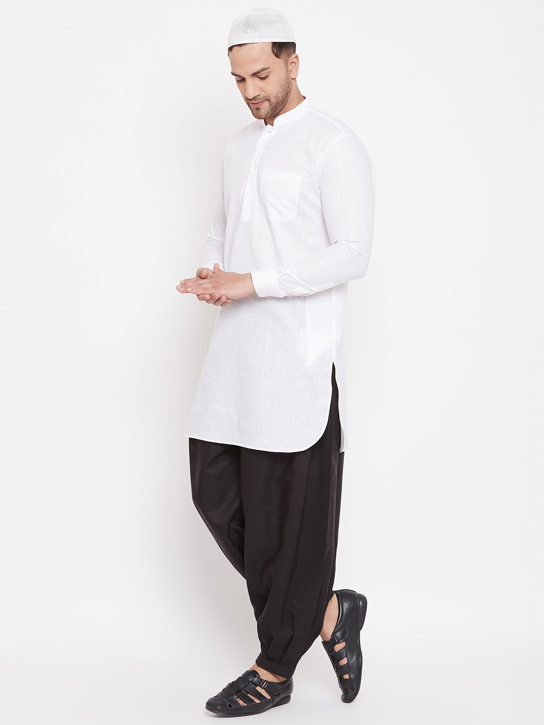 VM by Vastramay Men's White And Black Cotton Linen Pathani Kurta Set - Grab2buy