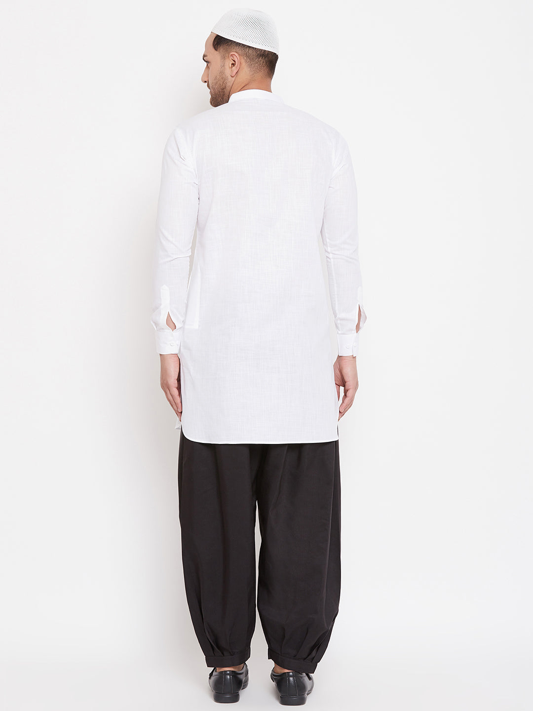 VM by Vastramay Men's White And Black Cotton Linen Pathani Kurta Set - Grab2buy