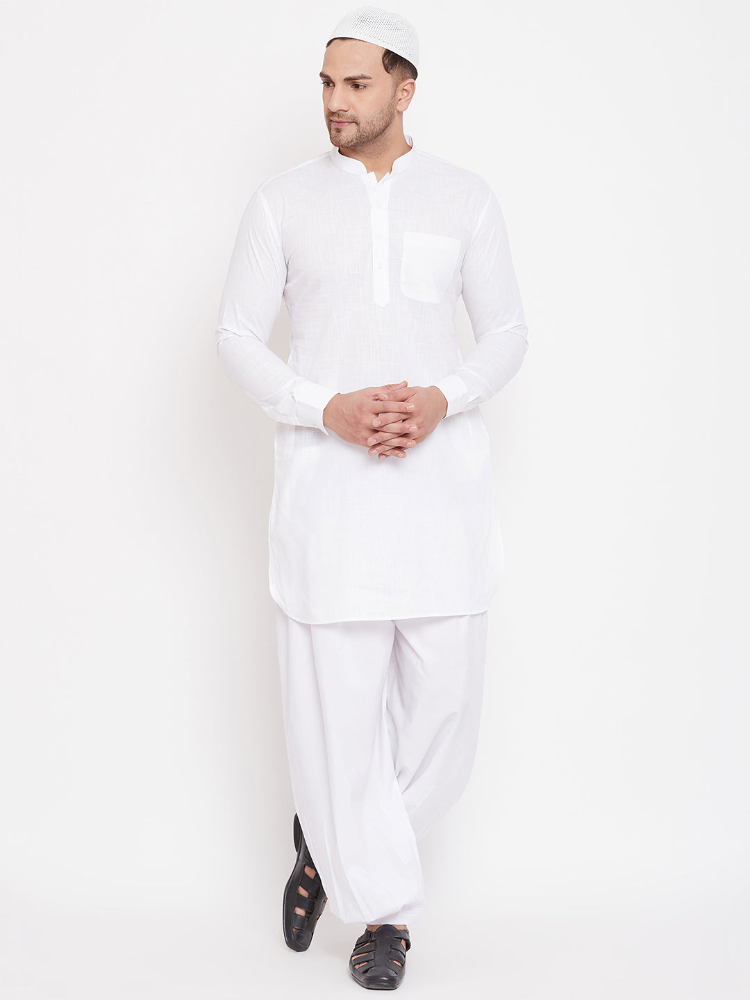 VM by Vastramay Men's White Cotton Linen Pathani Kurta Set - Grab2buy