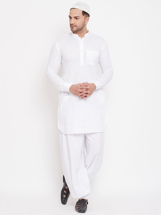 VM by Vastramay Men's White Cotton Linen Pathani Kurta Set - Grab2buy
