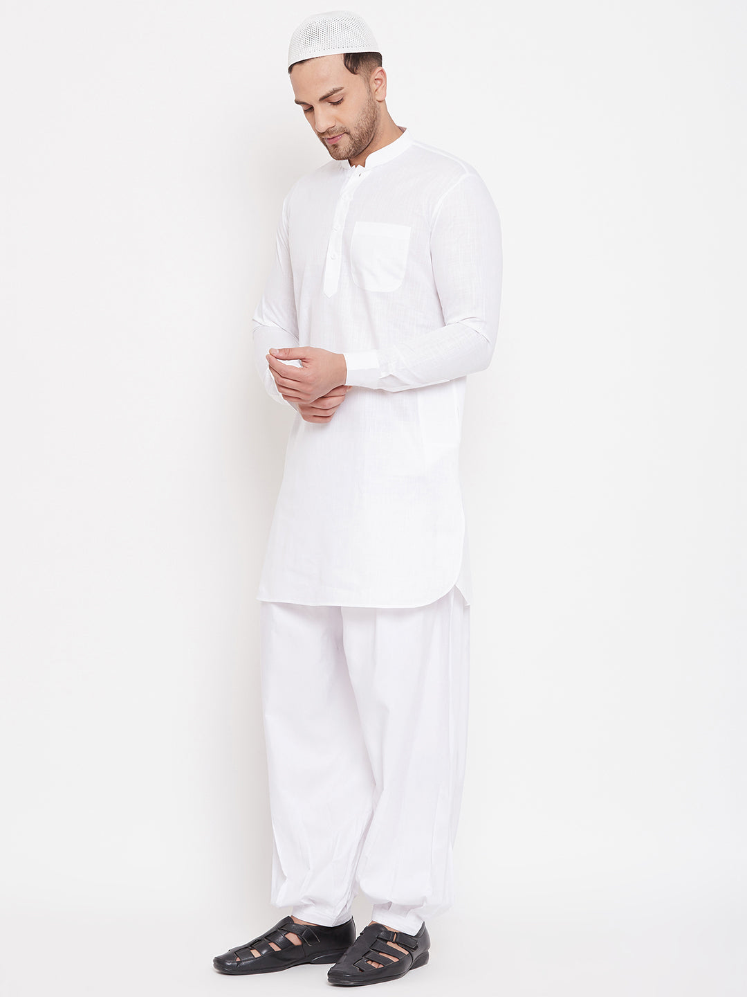 VM by Vastramay Men's White Cotton Linen Pathani Kurta Set - Grab2buy