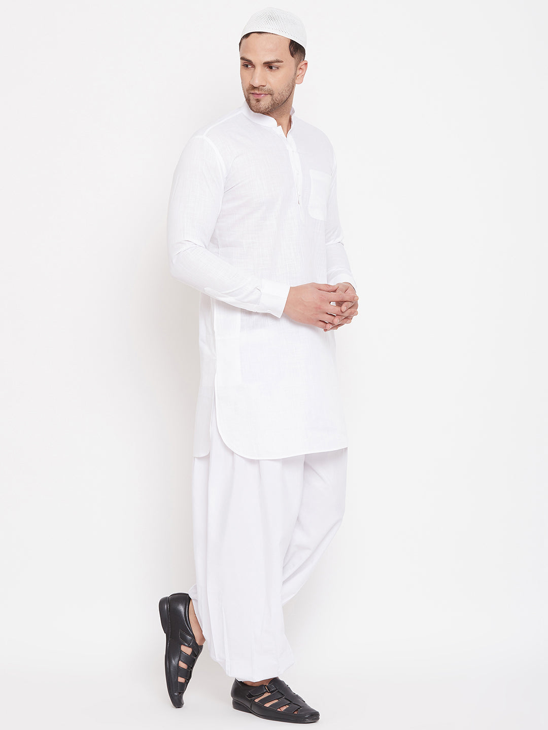 VM by Vastramay Men's White Cotton Linen Pathani Kurta Set - Grab2buy
