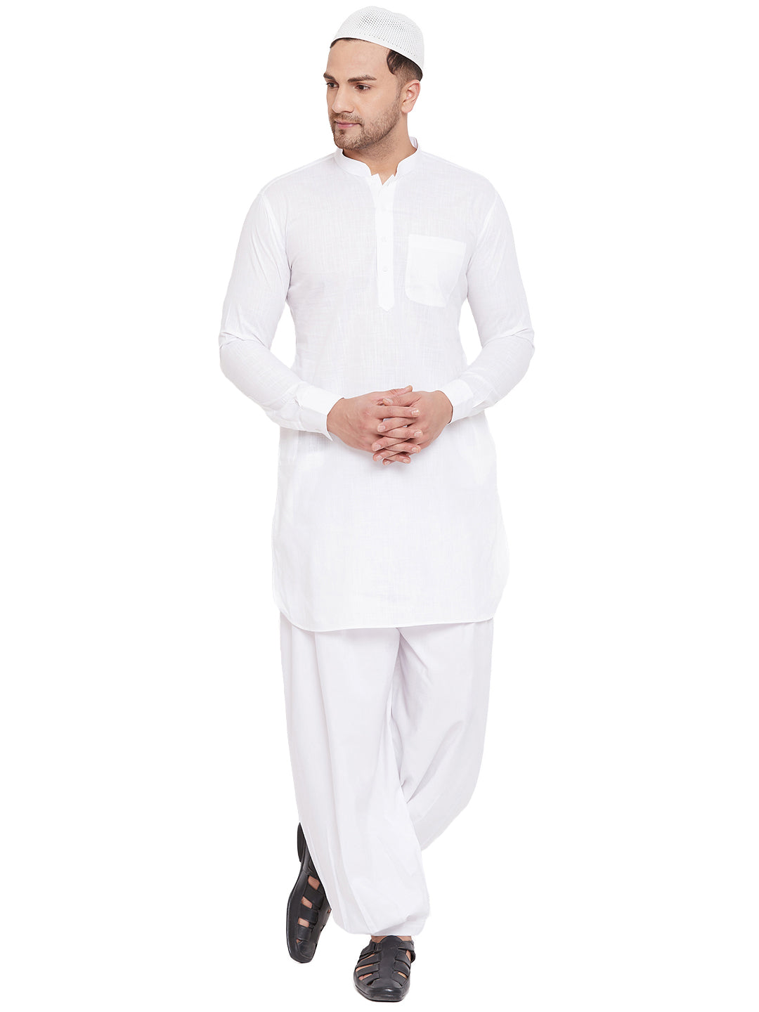 VM by Vastramay Men's White Cotton Linen Pathani Kurta Set - Grab2buy