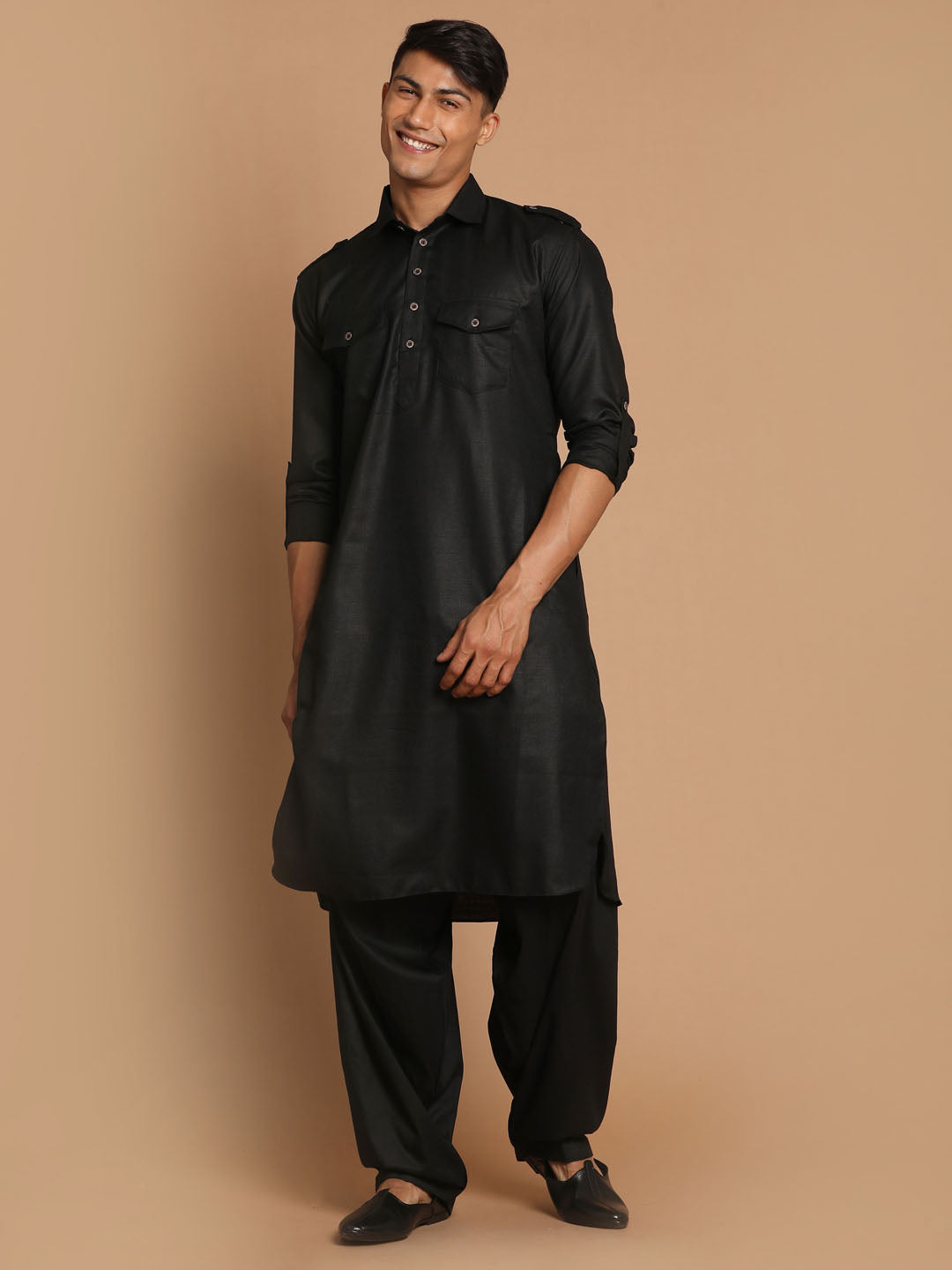 VM by Vastramay Men's Black Cotton Blend Pathani Kurta Set - Grab2buy