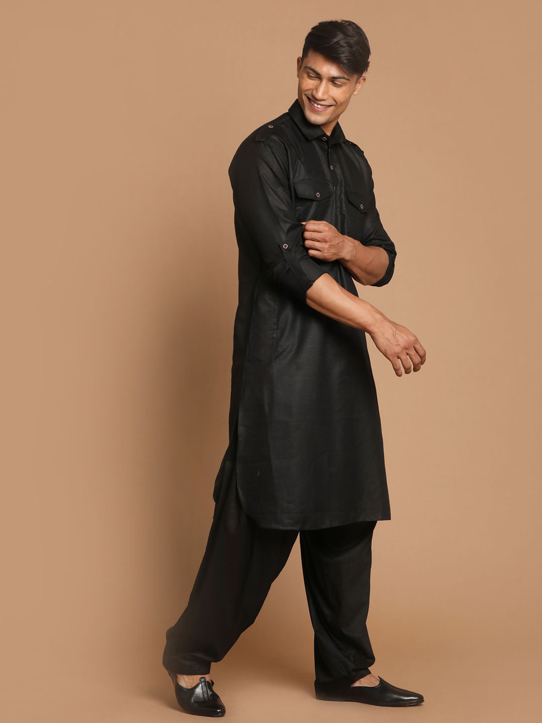 VM by Vastramay Men's Black Cotton Blend Pathani Kurta Set - Grab2buy