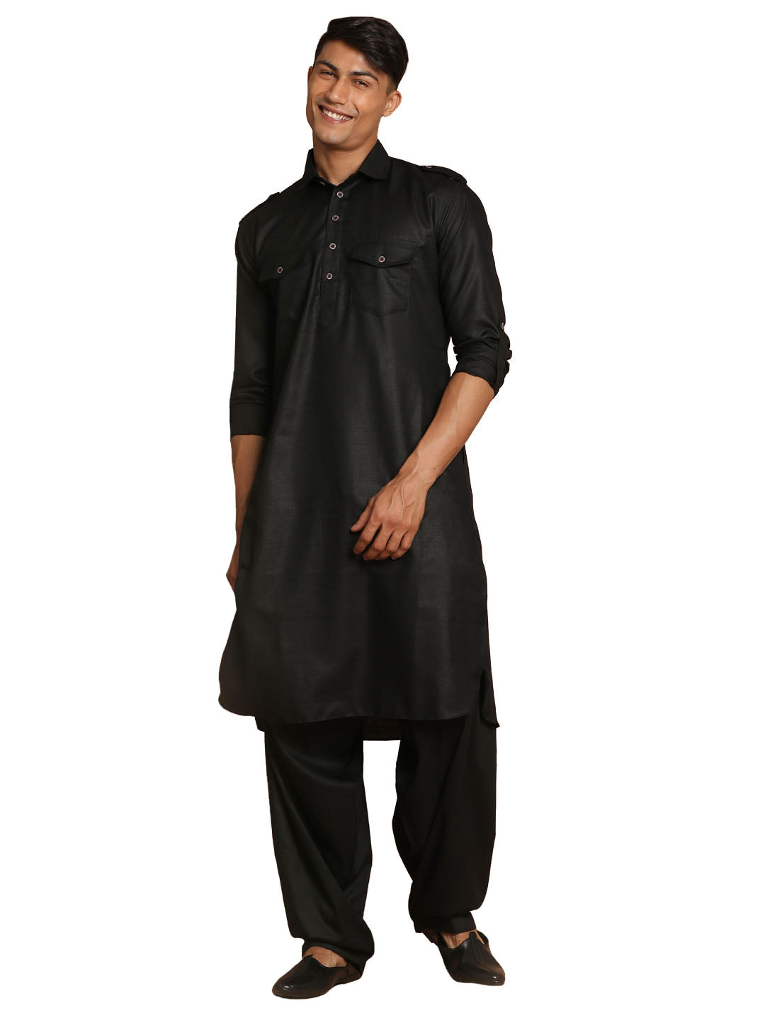 VM by Vastramay Men's Black Cotton Blend Pathani Kurta Set - Grab2buy