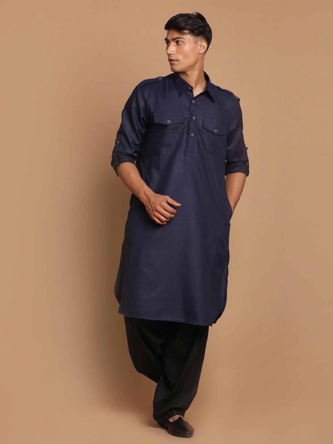 VM by Vastramay Men's Blue And Black Cotton Blend Pathani Kurta Set - Grab2buy
