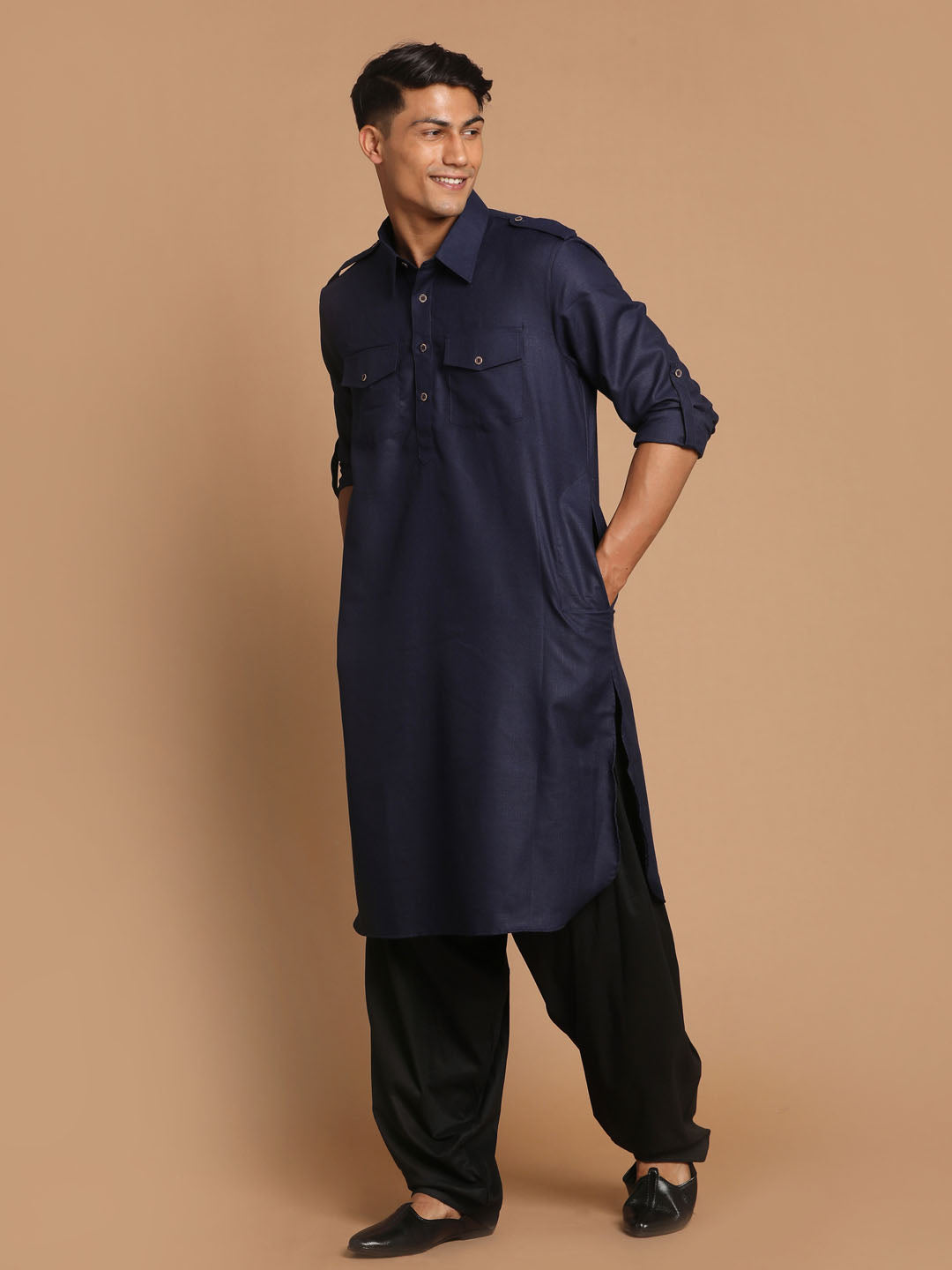 VM by Vastramay Men's Blue And Black Cotton Blend Pathani Kurta Set - Grab2buy