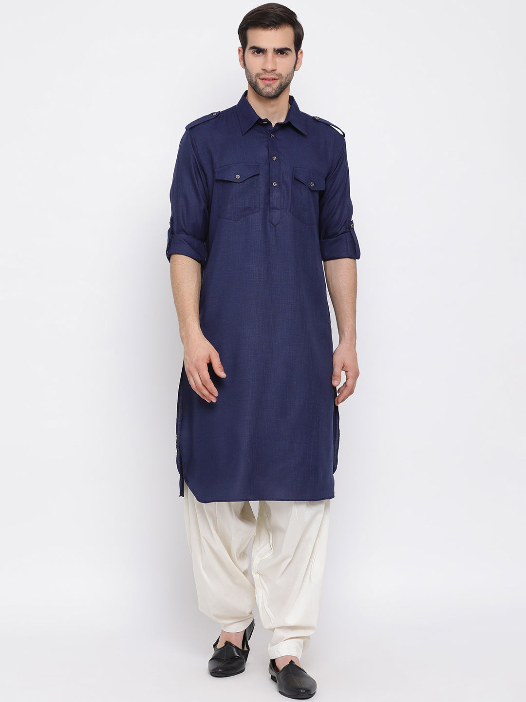 VM by Vastramay Men's Blue Cotton Blend Pathani Kurta Set - Grab2buy