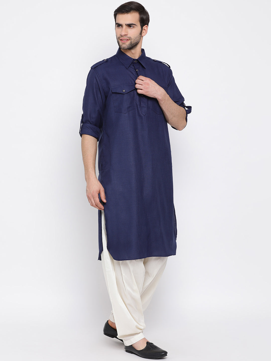 VM by Vastramay Men's Blue Cotton Blend Pathani Kurta Set - Grab2buy