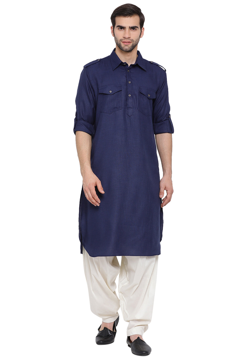 VM by Vastramay Men's Blue Cotton Blend Pathani Kurta Set - Grab2buy