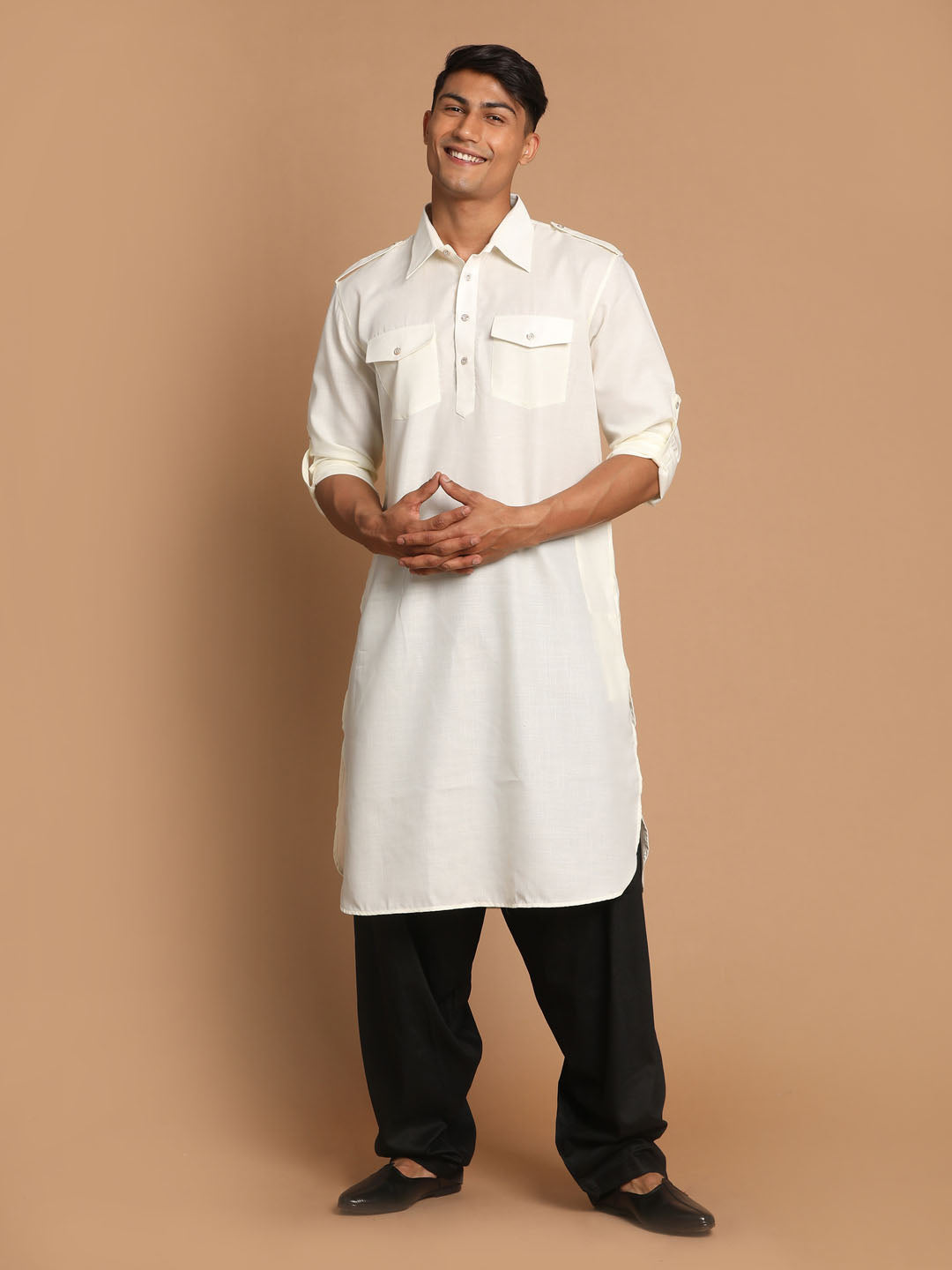 VM by Vastramay Men's Cream And Black Cotton Blend Pathani Kurta Set - Grab2buy