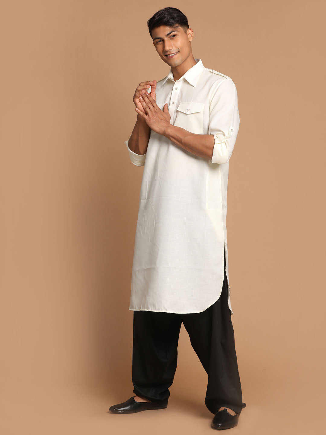 VM by Vastramay Men's Cream And Black Cotton Blend Pathani Kurta Set - Grab2buy