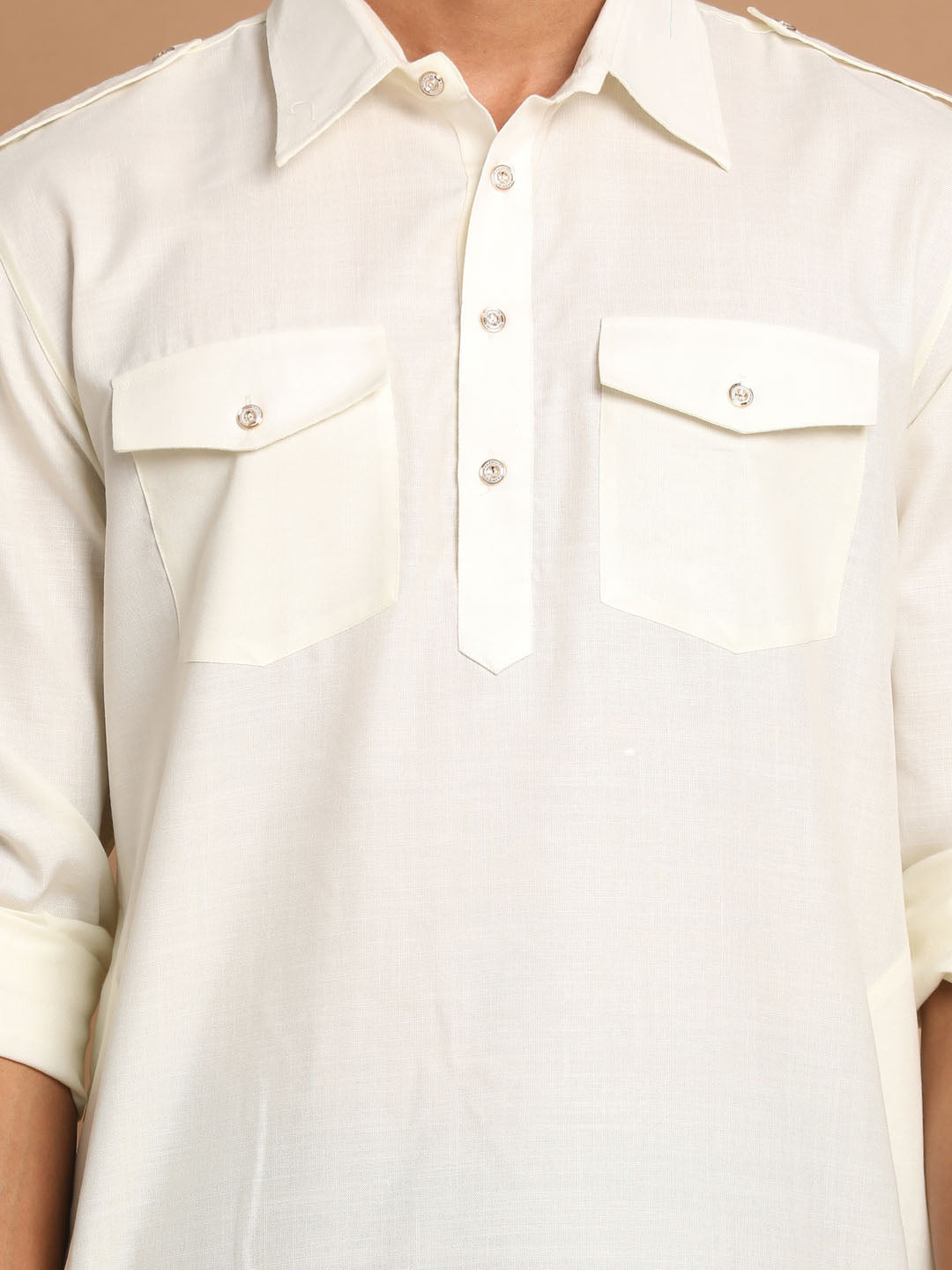 VM by Vastramay Men's Cream And Black Cotton Blend Pathani Kurta Set - Grab2buy