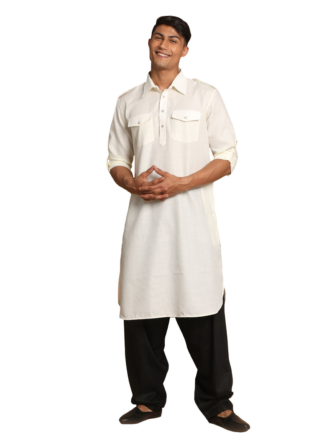 VM by Vastramay Men's Cream And Black Cotton Blend Pathani Kurta Set - Grab2buy