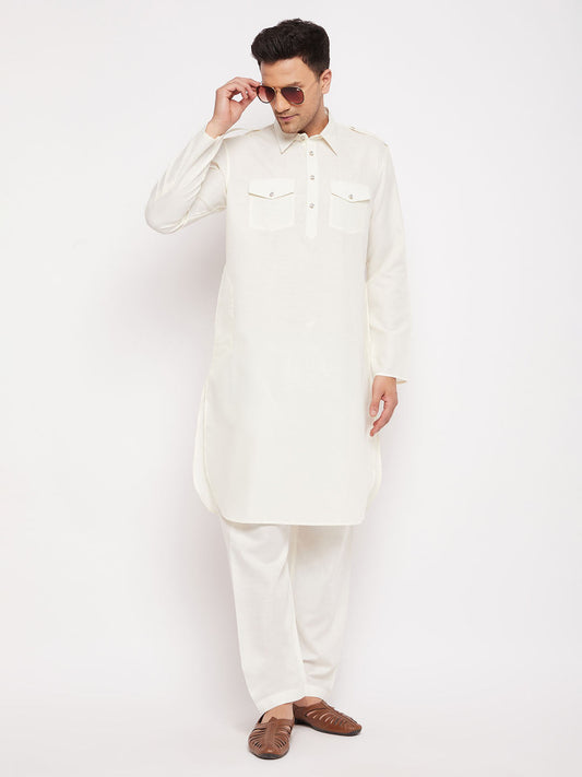 VM by Vastramay Men's Cream Cotton Blend Pathani Kurta Set - Grab2buy