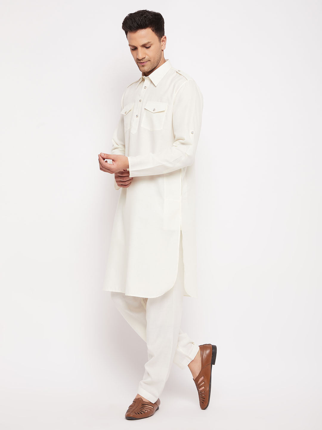 VM by Vastramay Men's Cream Cotton Blend Pathani Kurta Set - Grab2buy