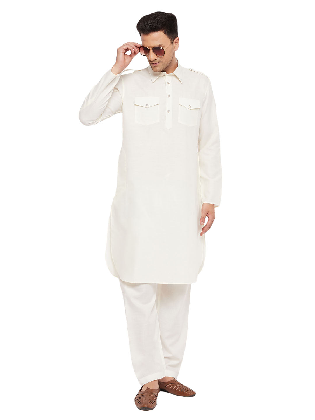 VM by Vastramay Men's Cream Cotton Blend Pathani Kurta Set - Grab2buy