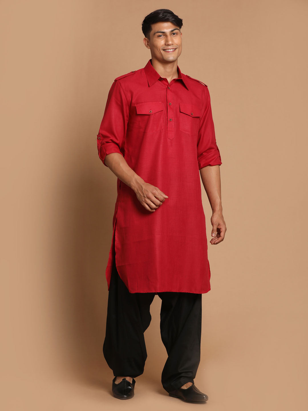 VM by Vastramay Men's Maroon And Black Cotton Blend Pathani Kurta Set - Grab2buy