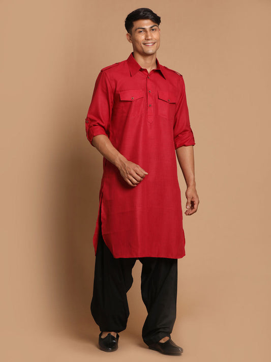 VM by Vastramay Men's Maroon And Black Cotton Blend Pathani Kurta Set - Grab2buy