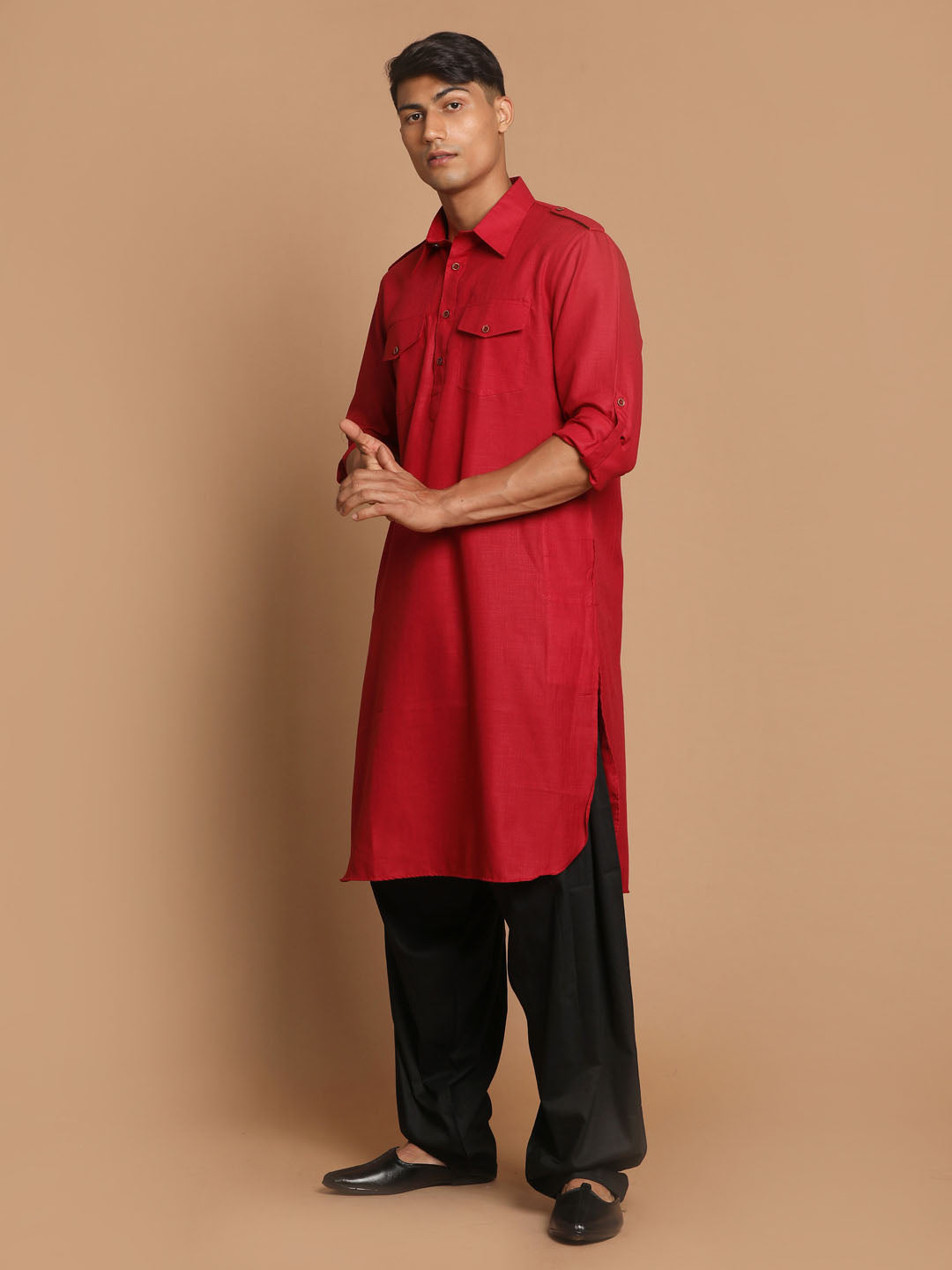 VM by Vastramay Men's Maroon And Black Cotton Blend Pathani Kurta Set - Grab2buy