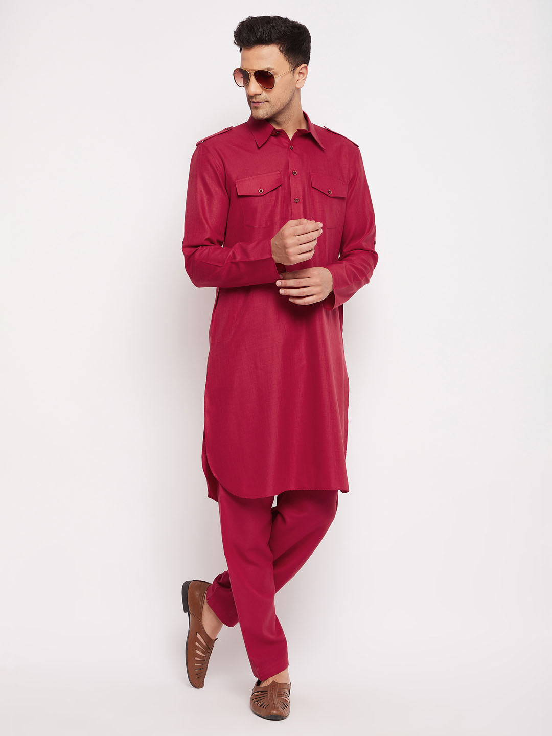 VM by Vastramay Men's Maroon Cotton Blend Pathani Kurta Set - Grab2buy