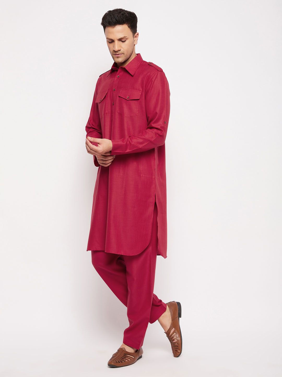 VM by Vastramay Men's Maroon Cotton Blend Pathani Kurta Set - Grab2buy