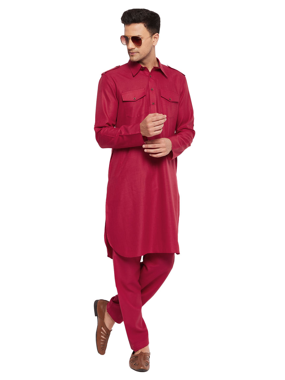VM by Vastramay Men's Maroon Cotton Blend Pathani Kurta Set - Grab2buy