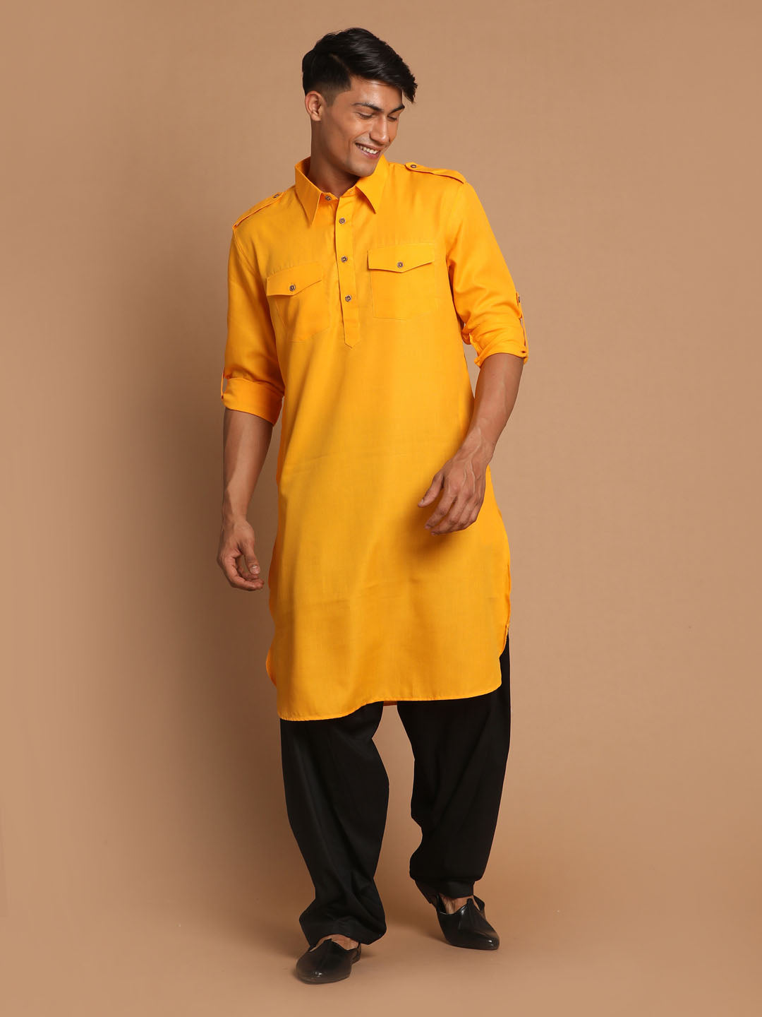 VM by Vastramay Men's Mustard And Black Cotton Blend Pathani Kurta Set - Grab2buy