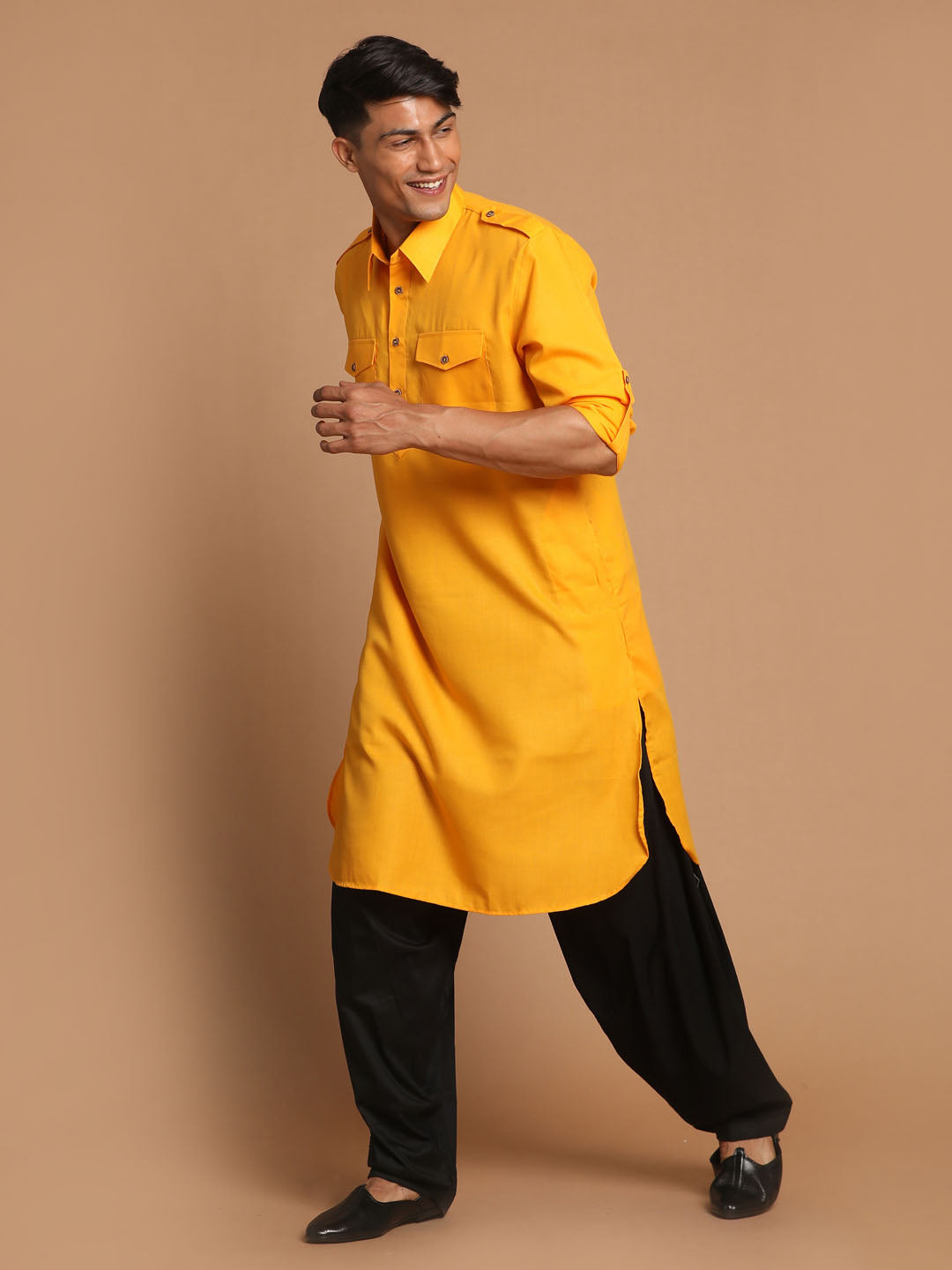 VM by Vastramay Men's Mustard And Black Cotton Blend Pathani Kurta Set - Grab2buy