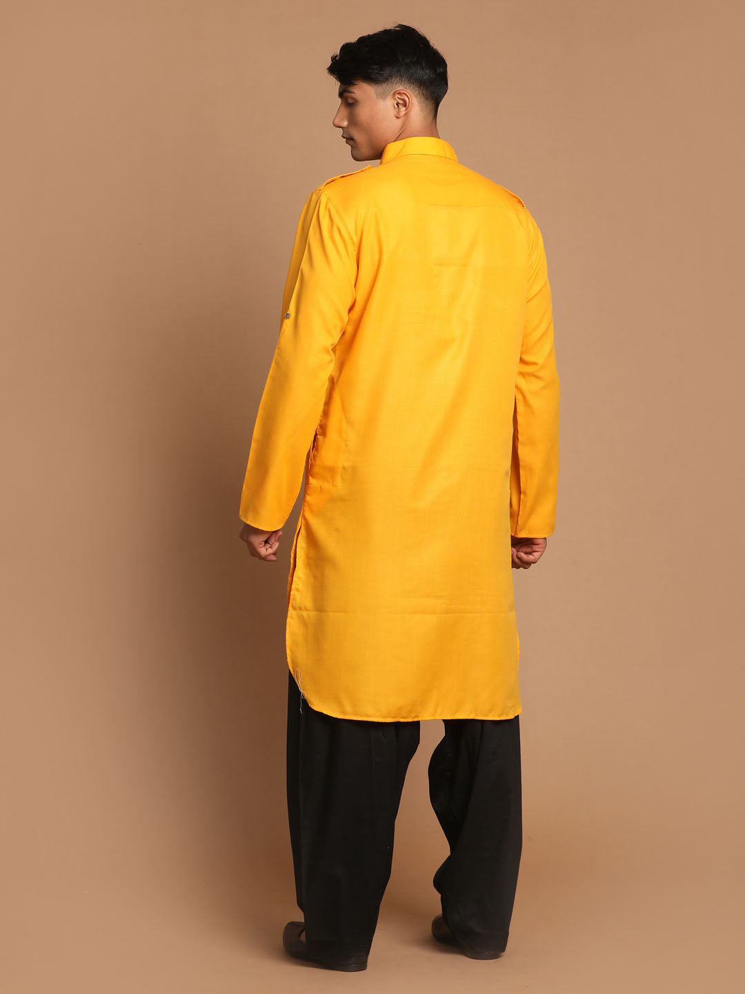 VM by Vastramay Men's Mustard And Black Cotton Blend Pathani Kurta Set - Grab2buy