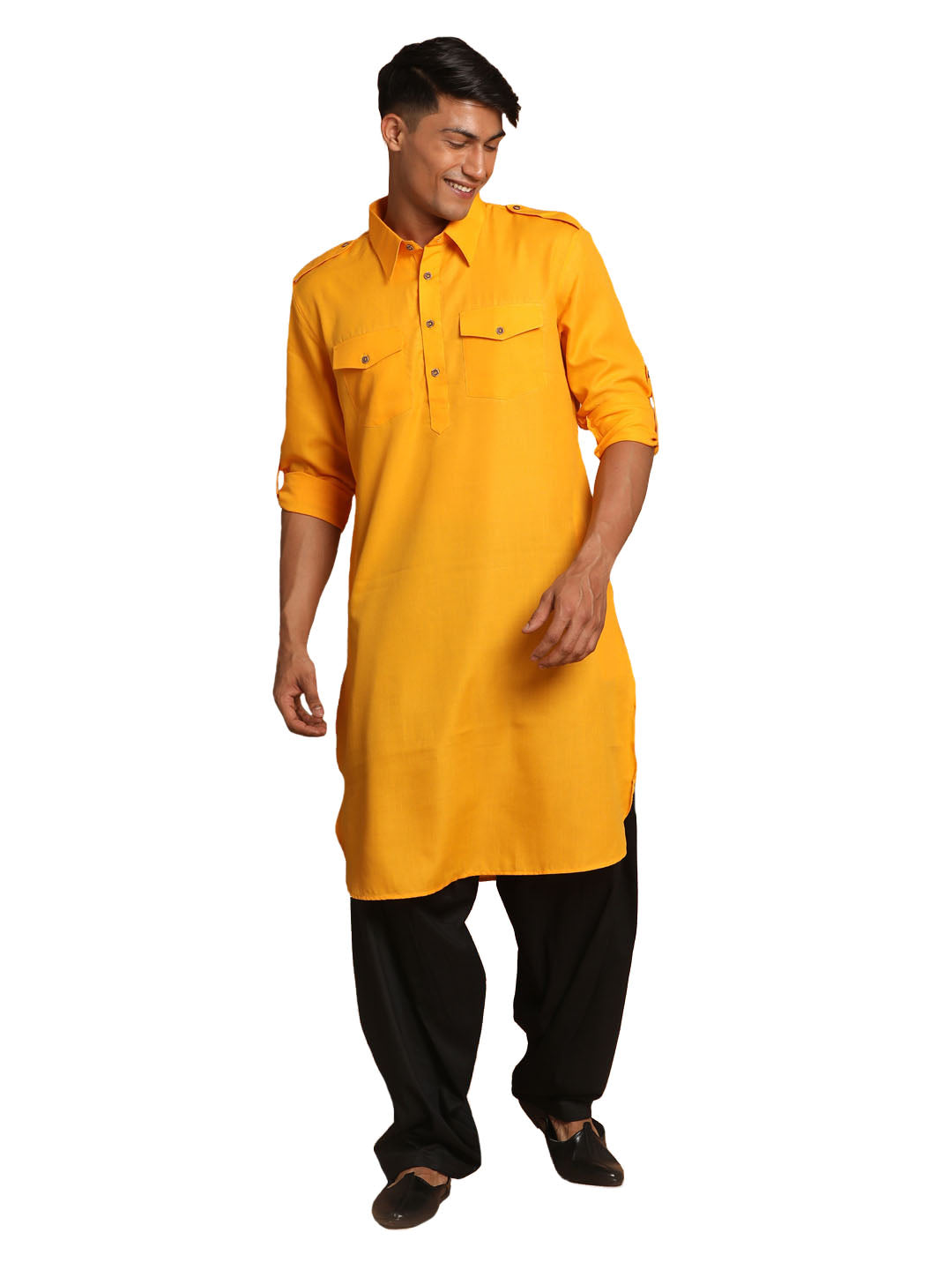 VM by Vastramay Men's Mustard And Black Cotton Blend Pathani Kurta Set - Grab2buy