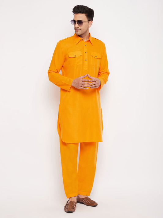 VM by Vastramay Men's Mustard Cotton Blend Pathani Kurta Set - Grab2buy