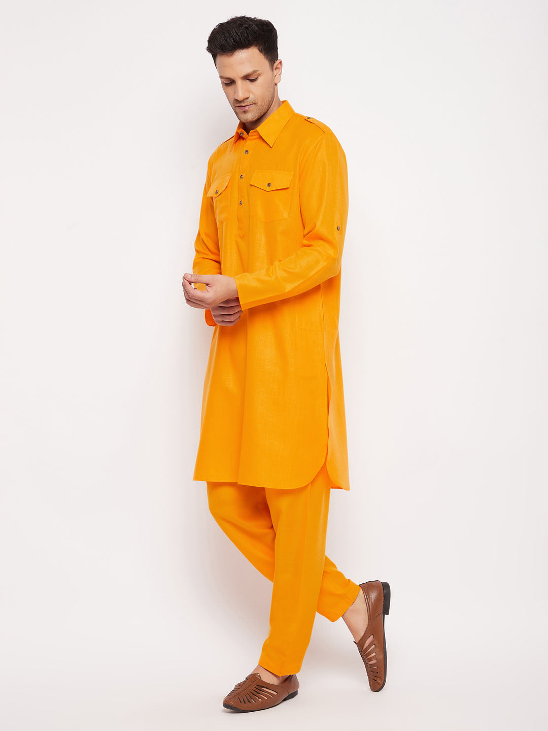 VM by Vastramay Men's Mustard Cotton Blend Pathani Kurta Set - Grab2buy